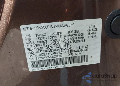 2019 Acura Mdx Standard from USA, damaged, VIN 5J8YD4H32KL028592